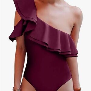 One-Shoulder Ruffle Burgundy Swimsuit Bathing Merlot Maroon Wine NWOT